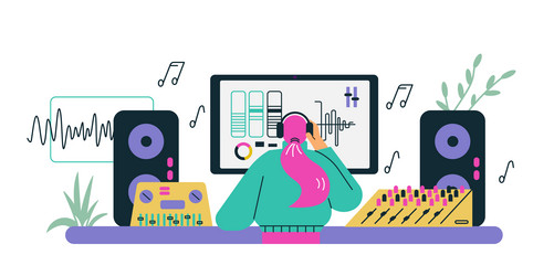 Woman sound designer in headphones working vector