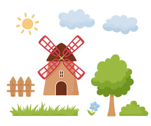 cartoon windmill fence tree and grass vector