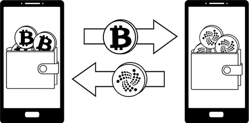 exchange between bitcoin and iota in the phone vector image