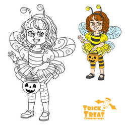 Cute girl in bee costume holding a pumpkin bag vector