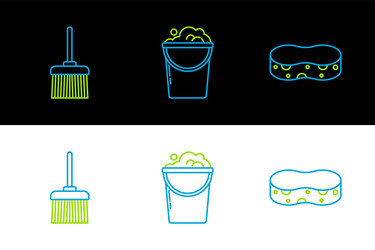 set line sponge handle broom and bucket with foam vector image