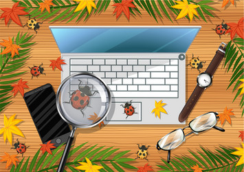 top view wooden table with office objects vector image