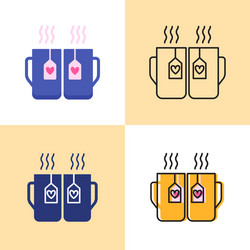 two cups with hearts icon set in flat and line vector