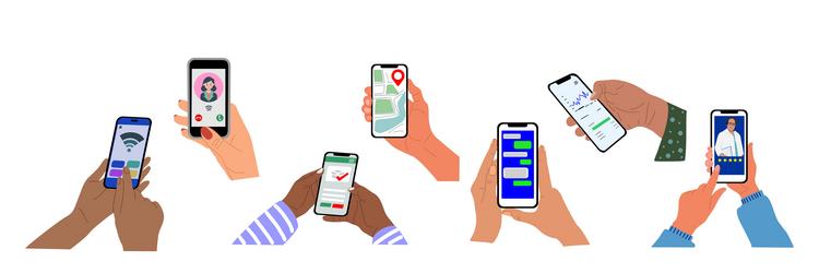 set of hands holding smart phone with mobile apps vector image