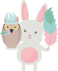 owl bird and rabbit with feathers hats bohemian vector image