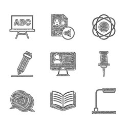 set online class open book table lamp push pin vector image