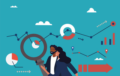 analytics team with charts and magnifying glass vector image
