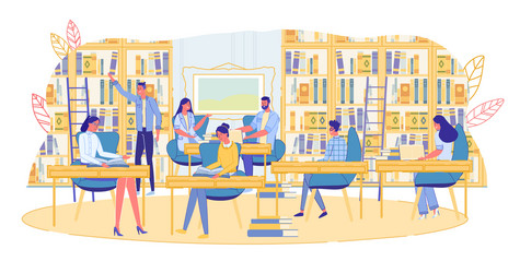 Young people character in library reading room vector