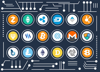 cryptocurrency icons set on computer microscheme vector image