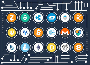 cryptocurrency icons set on computer microscheme vector