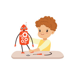 little boy creating smart robot robotics vector image