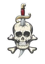 Skull pierced by sword colorful tattoo Royalty Free Vector