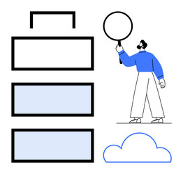 man analyzing data with magnifier next to cloud vector image