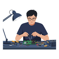 technician repairing circuit board with tools vector image