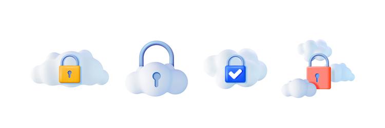 set of 3d cloud computing icon with padlock data vector image