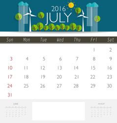 2016 calendar monthly template for july vector