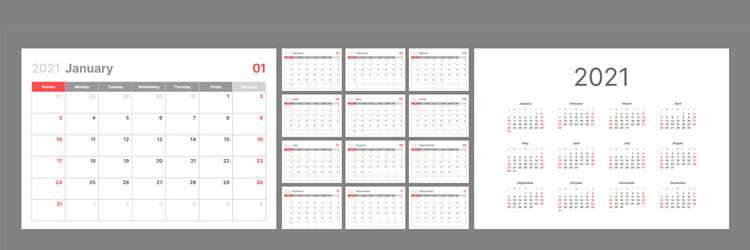 Calendar for 2021 year week starts on sunday vector