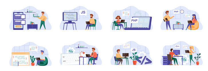 programming scenes bundle with people characters vector image