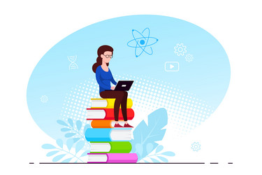 Woman sitting on stack of books with laptop vector