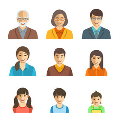 Asian family happy faces flat avatars set vector