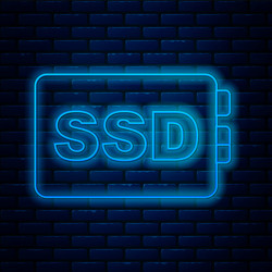 Glowing neon line ssd card icon isolated on brick vector