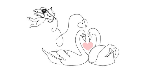 One continuous line drawing of cute swans couple swimming on the lake and  their heads formed romantic heart shape. Romantic animal love concept  single line graphic draw design vector illustration 3592176 Vector