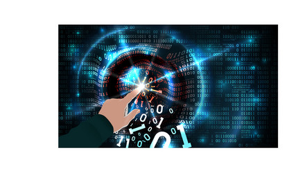 hacker hand touches binary code and hacks vector