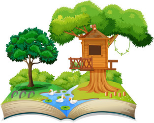 Nature treehouse on open book vector