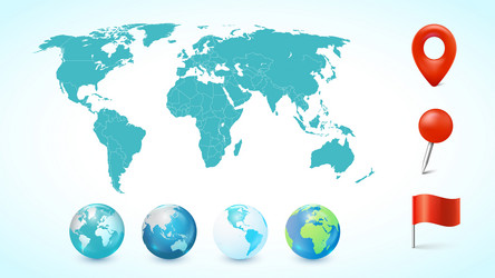world map with pin pointer marks and 3d globe set vector image