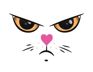 funny angry cat face with a pink heart nose vector