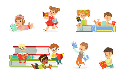 kids reading books set adorable boys and girls vector