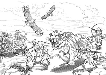 scene of cavemen fighting with a saber-toothed cat vector