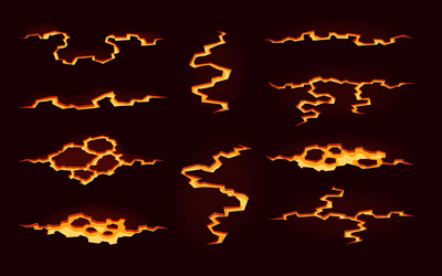 volcano magma lava fire ground cracks cartoon set vector