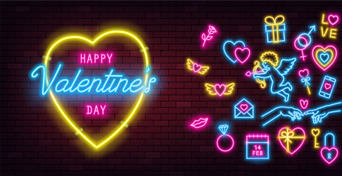 valentines day neon sign on dark brick wall vector