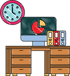 office desk computer binders clock objects vector image