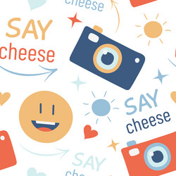 Camera pattern emoticon and text say cheese take vector