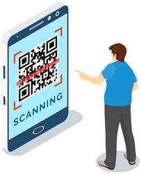 Man uses phone to recognize qr code application vector