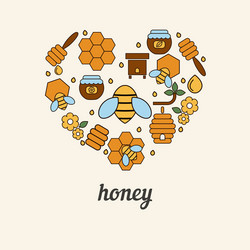 Honey and bee icons in the shape of heart vector