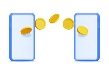 3d flying coins between two smartphones vector