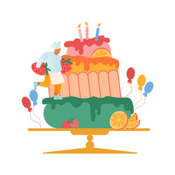 Man cook festive cake with cream and strawberries vector