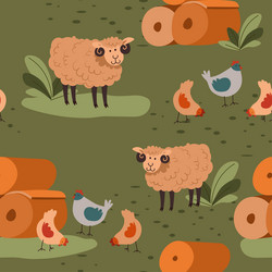 sheep and chicken on field seamless patterns vector image