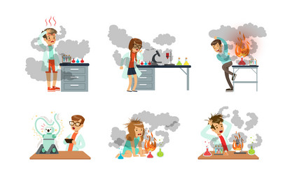 Children scientist at table with exploded flask vector