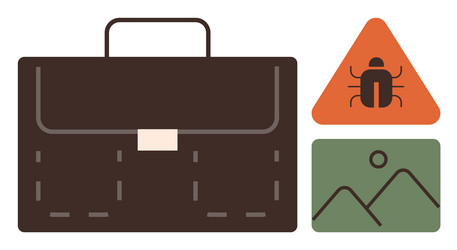 briefcase with caution bug sign and landscape card Vector Image