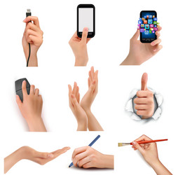 set of hands holding different business objects vector image