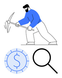 man mining with pickaxe near dollar coin vector image