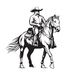 monochrome of a cowboy riding galloping horse Vector Image