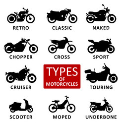 Motorcycle type and model icons set black vector