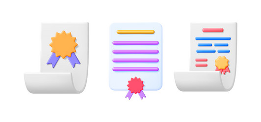 documents with stamp or certificate icon set in 3d vector image