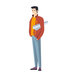 man in jeans and red jacket with roll of project vector image