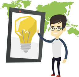 man pointing at big tablet computer vector image